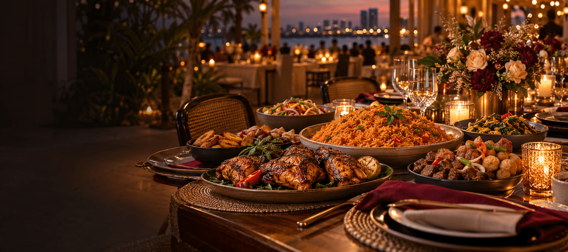 A richly styled Nigerian event table with food